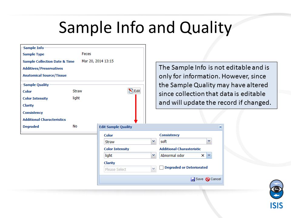 Sample Info and Quality The Sample Info is not editable and is only for information.