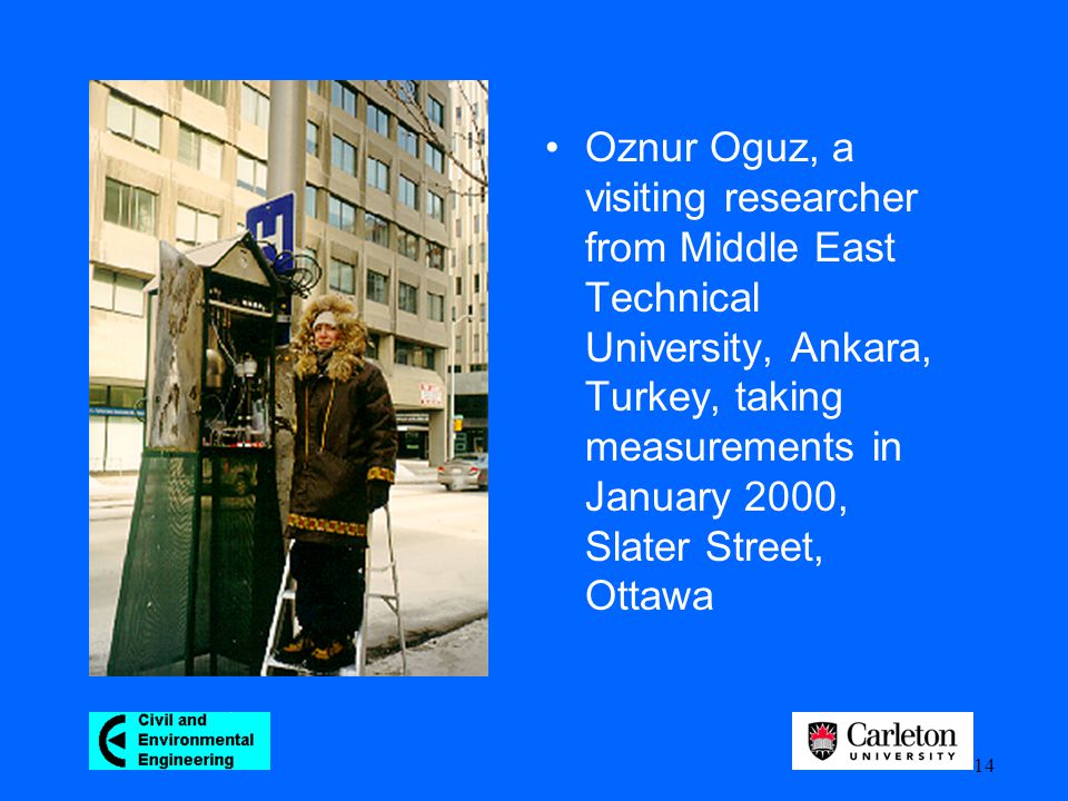 14 Oznur Oguz, a visiting researcher from Middle East Technical University, Ankara, Turkey, taking measurements in January 2000, Slater Street, Ottawa