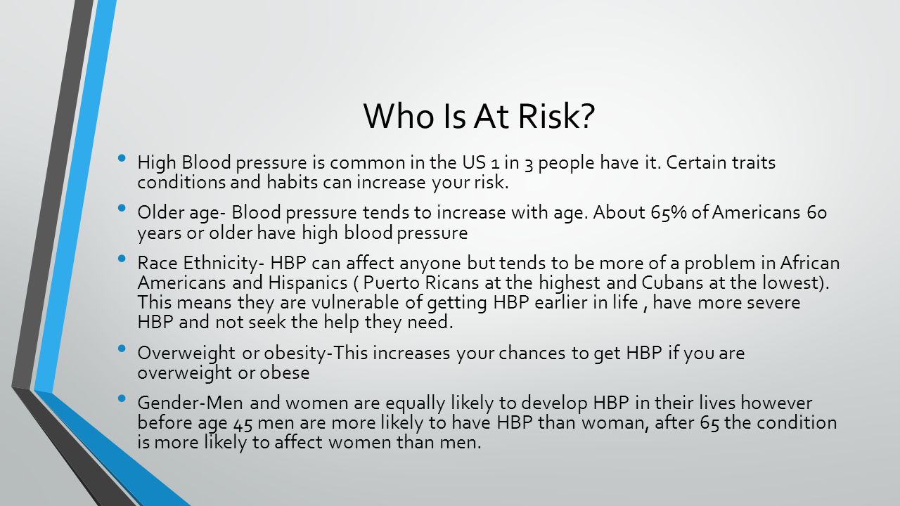 Who Is At Risk. High Blood pressure is common in the US 1 in 3 people have it.