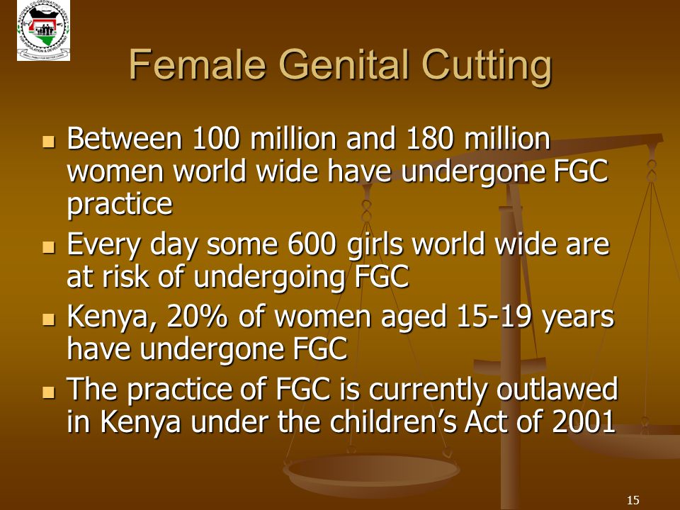 15 Female Genital Cutting Between 100 million and 180 million women world wide have undergone FGC practice Between 100 million and 180 million women world wide have undergone FGC practice Every day some 600 girls world wide are at risk of undergoing FGC Every day some 600 girls world wide are at risk of undergoing FGC Kenya, 20% of women aged years have undergone FGC Kenya, 20% of women aged years have undergone FGC The practice of FGC is currently outlawed in Kenya under the children’s Act of 2001 The practice of FGC is currently outlawed in Kenya under the children’s Act of 2001
