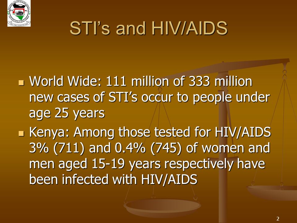 2 STI’s and HIV/AIDS World Wide: 111 million of 333 million new cases of STI’s occur to people under age 25 years World Wide: 111 million of 333 million new cases of STI’s occur to people under age 25 years Kenya: Among those tested for HIV/AIDS 3% (711) and 0.4% (745) of women and men aged years respectively have been infected with HIV/AIDS Kenya: Among those tested for HIV/AIDS 3% (711) and 0.4% (745) of women and men aged years respectively have been infected with HIV/AIDS