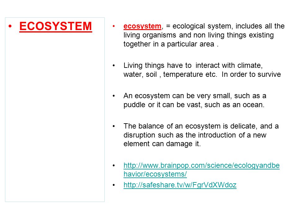 ecosystem, = ecological system, includes all the living organisms and non living things existing together in a particular area.