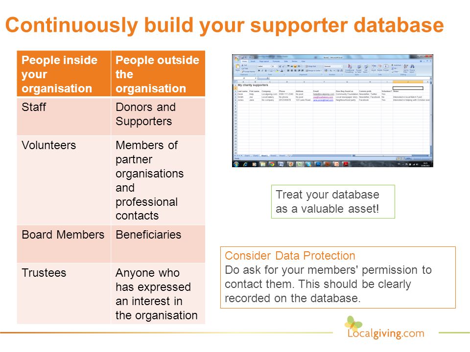 Continuously build your supporter database Treat your database as a valuable asset.