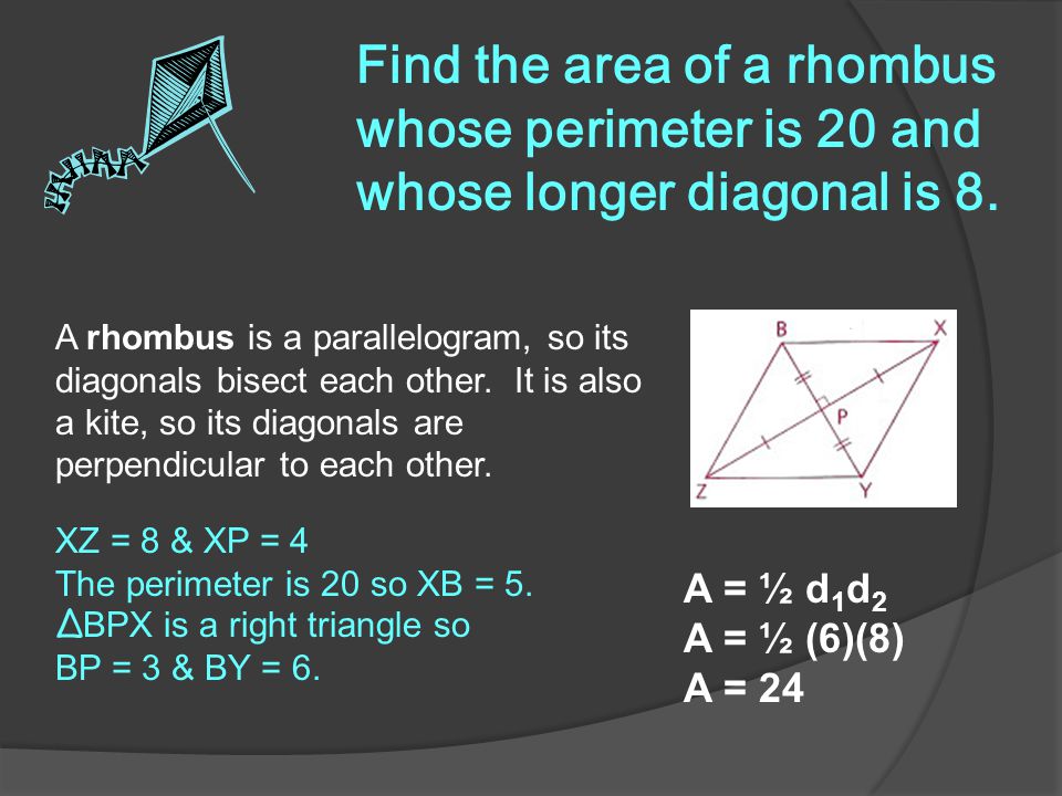 Find the area of a rhombus whose perimeter is 20 and whose longer diagonal is 8.