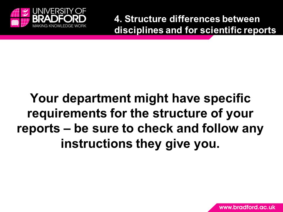 Your department might have specific requirements for the structure of your reports – be sure to check and follow any instructions they give you.