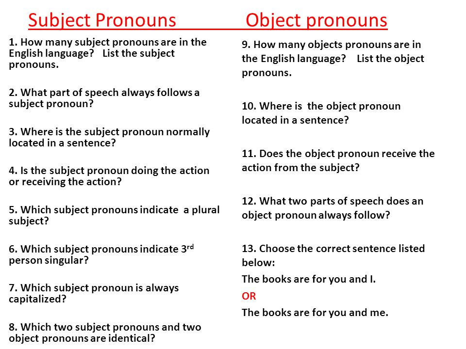 Subject Pronouns Object pronouns 1. How many subject pronouns are in the English language.