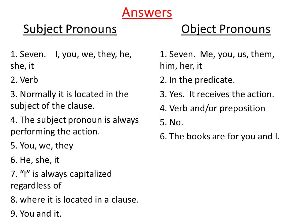 Answers Subject Pronouns Object Pronouns 1. Seven.