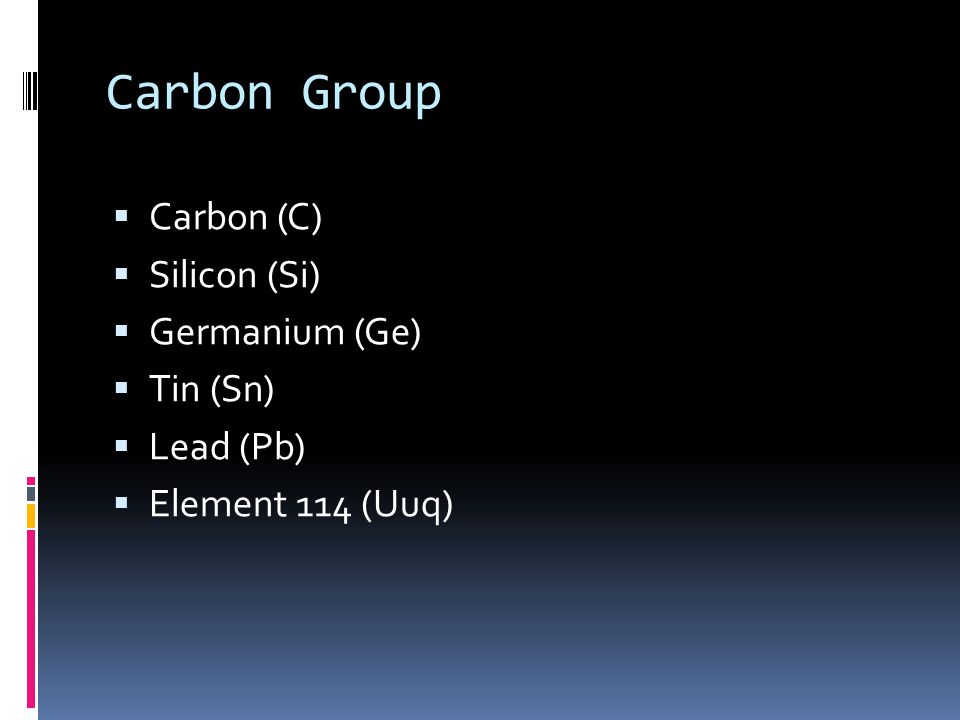 Carbon Group  Carbon (C)  Silicon (Si)  Germanium (Ge)  Tin (Sn)  Lead (Pb)  Element 114 (Uuq)
