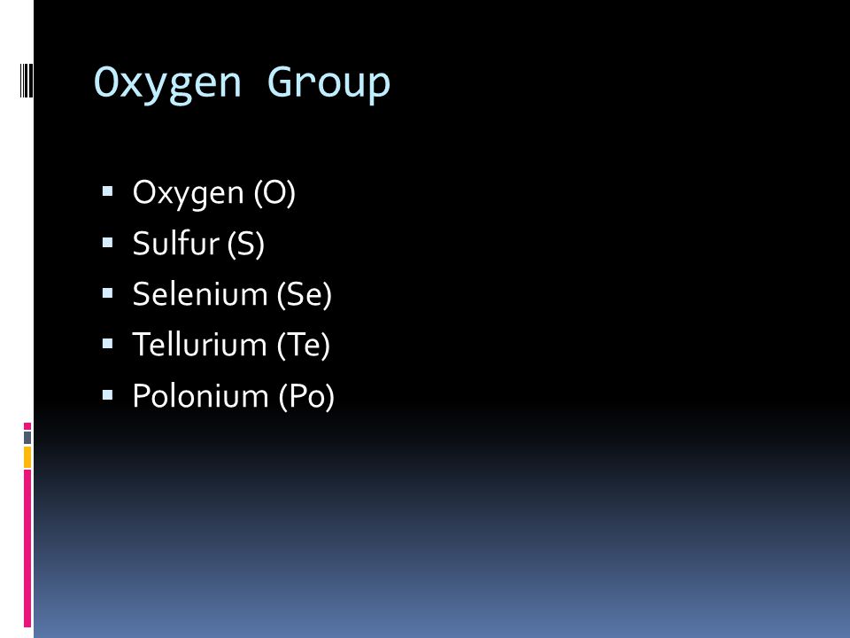 Oxygen Group  Oxygen (O)  Sulfur (S)  Selenium (Se)  Tellurium (Te)  Polonium (Po)