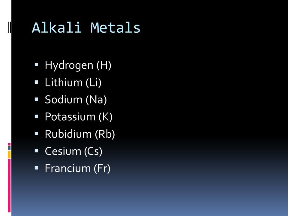 Alkali Metals  Hydrogen (H)  Lithium (Li)  Sodium (Na)  Potassium (K)  Rubidium (Rb)  Cesium (Cs)  Francium (Fr)