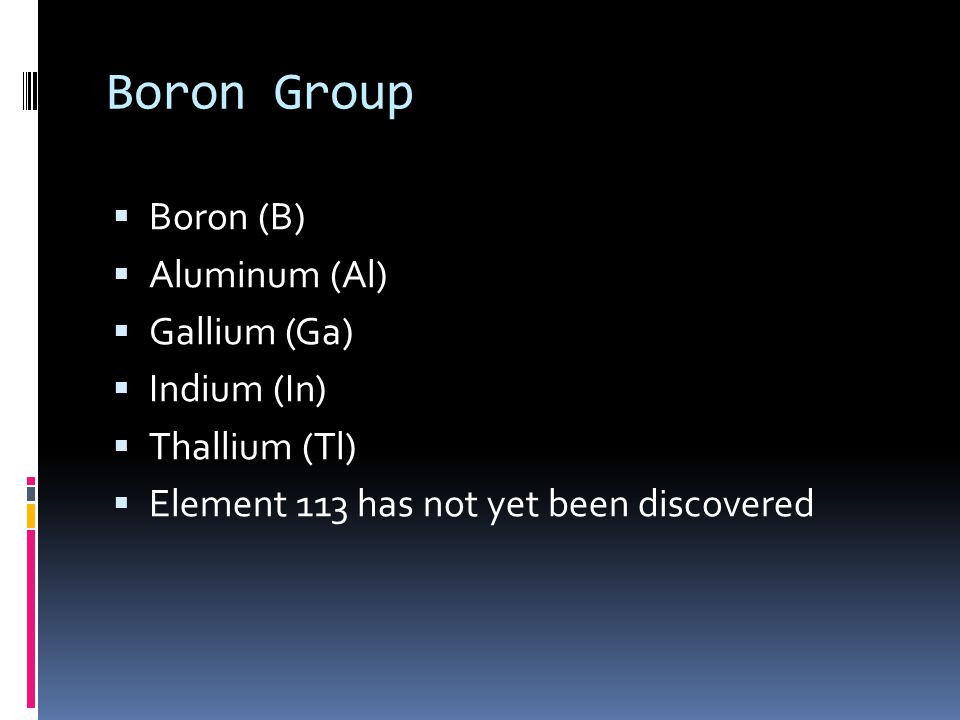 Boron Group  Boron (B)  Aluminum (Al)  Gallium (Ga)  Indium (In)  Thallium (Tl)  Element 113 has not yet been discovered