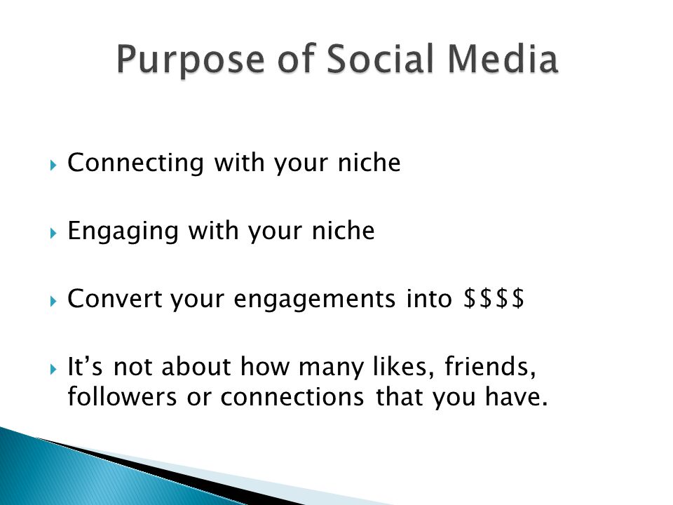  Connecting with your niche  Engaging with your niche  Convert your engagements into $$$$  It’s not about how many likes, friends, followers or connections that you have.