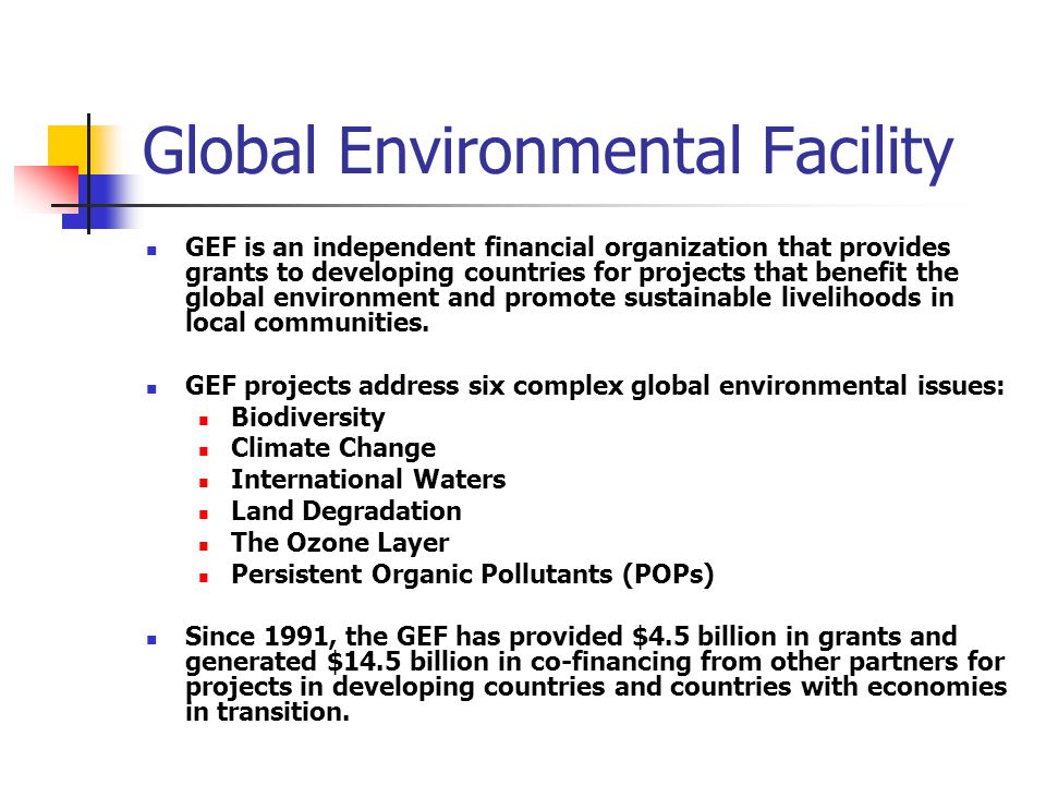 Global Environmental Facility GEF is an independent financial organization that provides grants to developing countries for projects that benefit the global environment and promote sustainable livelihoods in local communities.