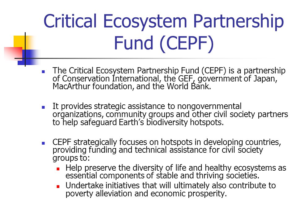 Critical Ecosystem Partnership Fund (CEPF) The Critical Ecosystem Partnership Fund (CEPF) is a partnership of Conservation International, the GEF, government of Japan, MacArthur foundation, and the World Bank.