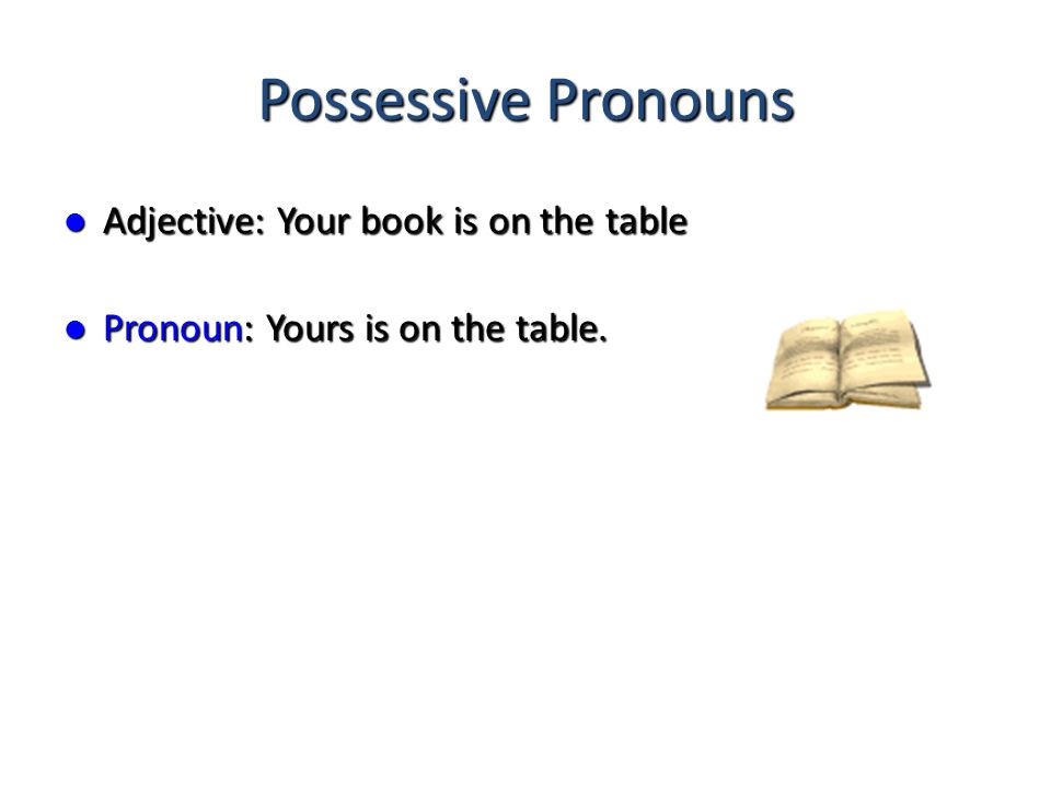 Possessive Pronouns Adjective: Your book is on the table Adjective: Your book is on the table Pronoun: Yours is on the table.