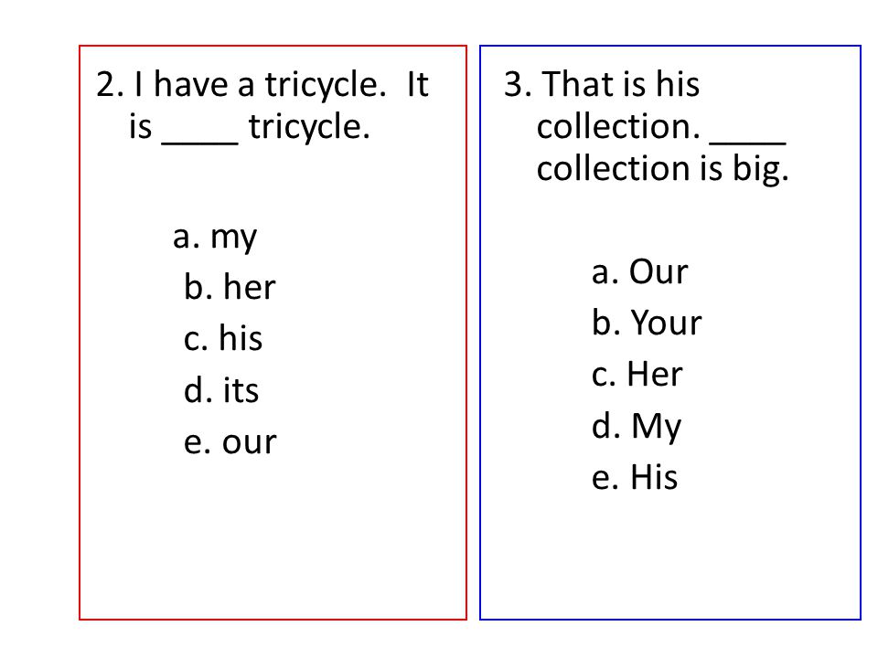2. I have a tricycle. It is ____ tricycle. a. my b.