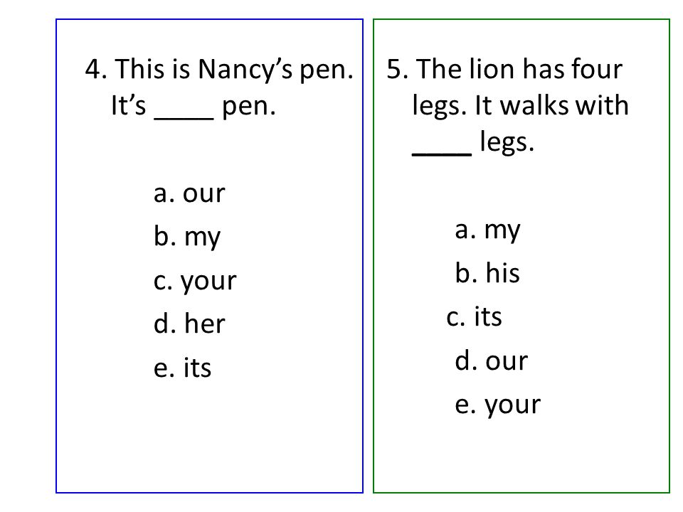 4. This is Nancy’s pen. It’s ____ pen. a. our b.