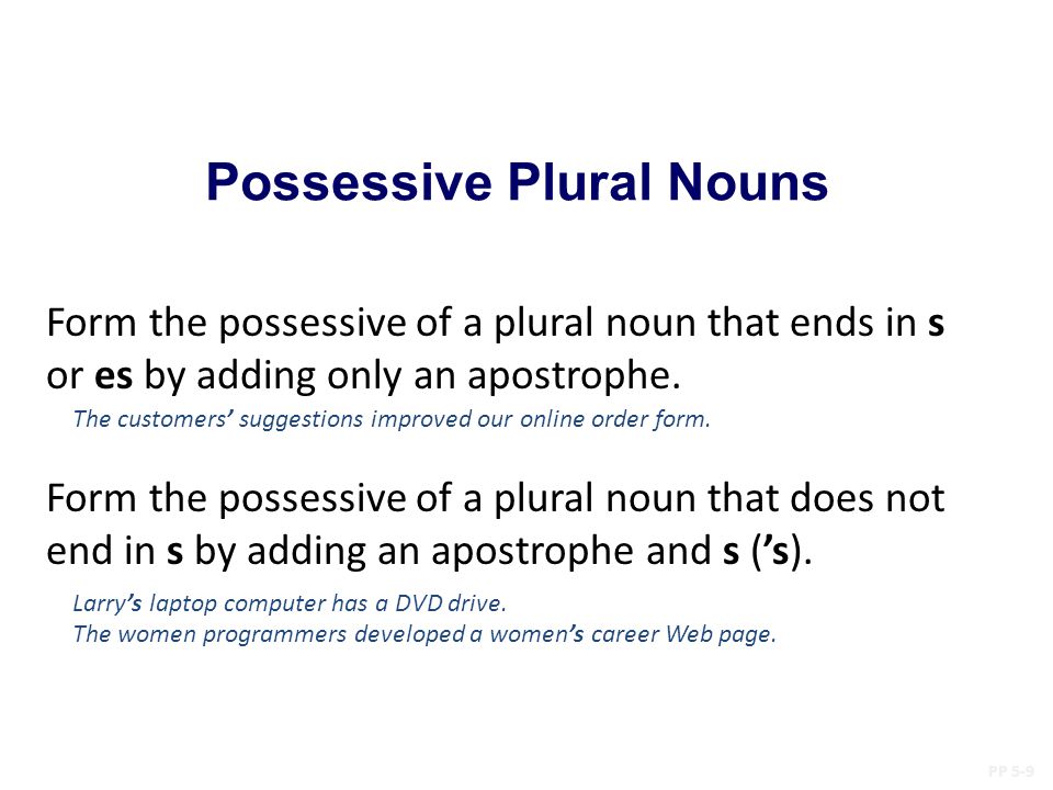 Possessive Plural Nouns PP 5-9 Form the possessive of a plural noun that ends in s or es by adding only an apostrophe.