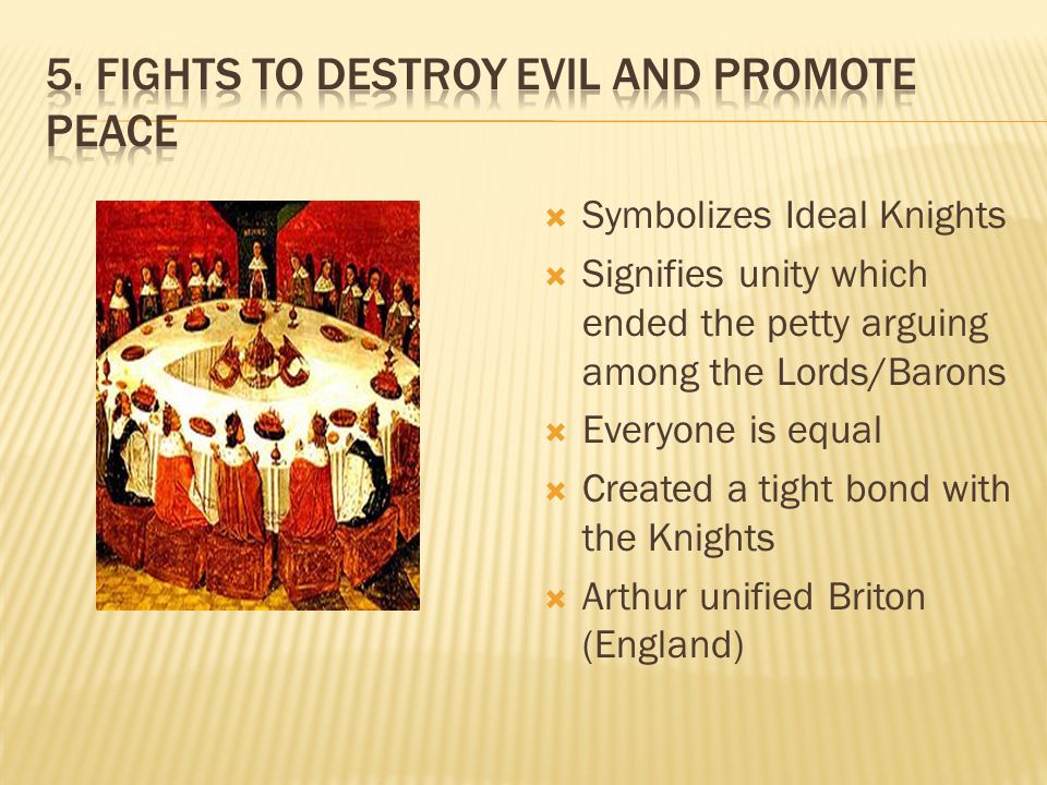  Symbolizes Ideal Knights  Signifies unity which ended the petty arguing among the Lords/Barons  Everyone is equal  Created a tight bond with the Knights  Arthur unified Briton (England)