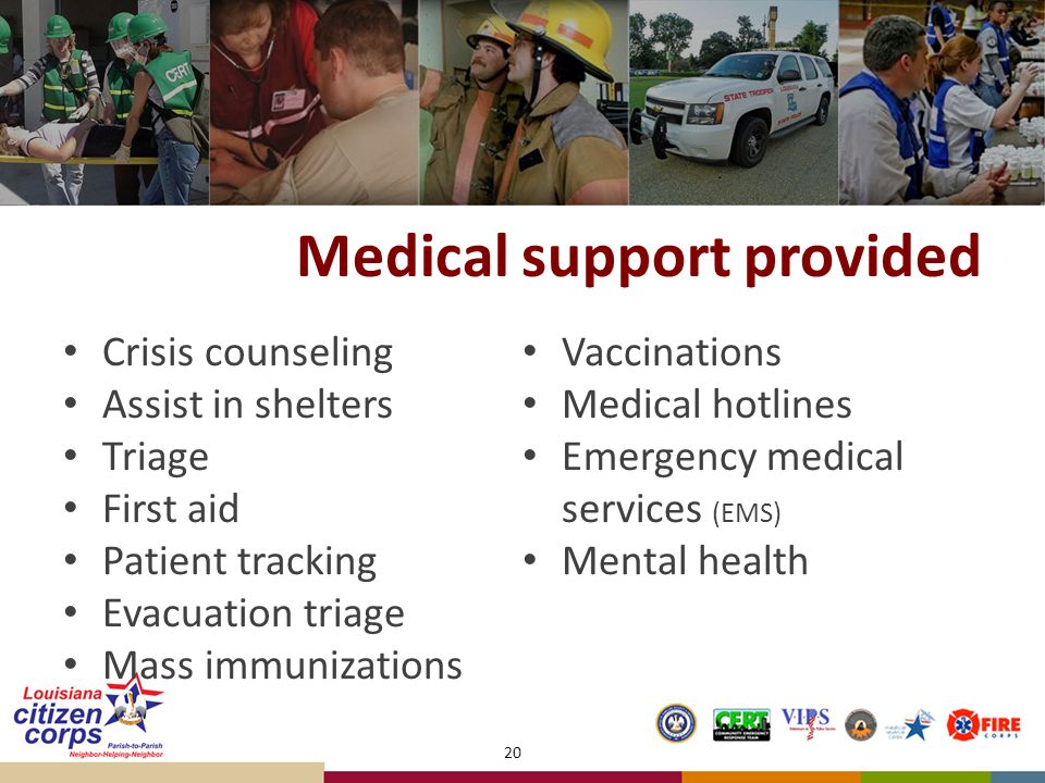 Medical support provided Crisis counseling Assist in shelters Triage First aid Patient tracking Evacuation triage Mass immunizations Vaccinations Medical hotlines Emergency medical services (EMS) Mental health 20