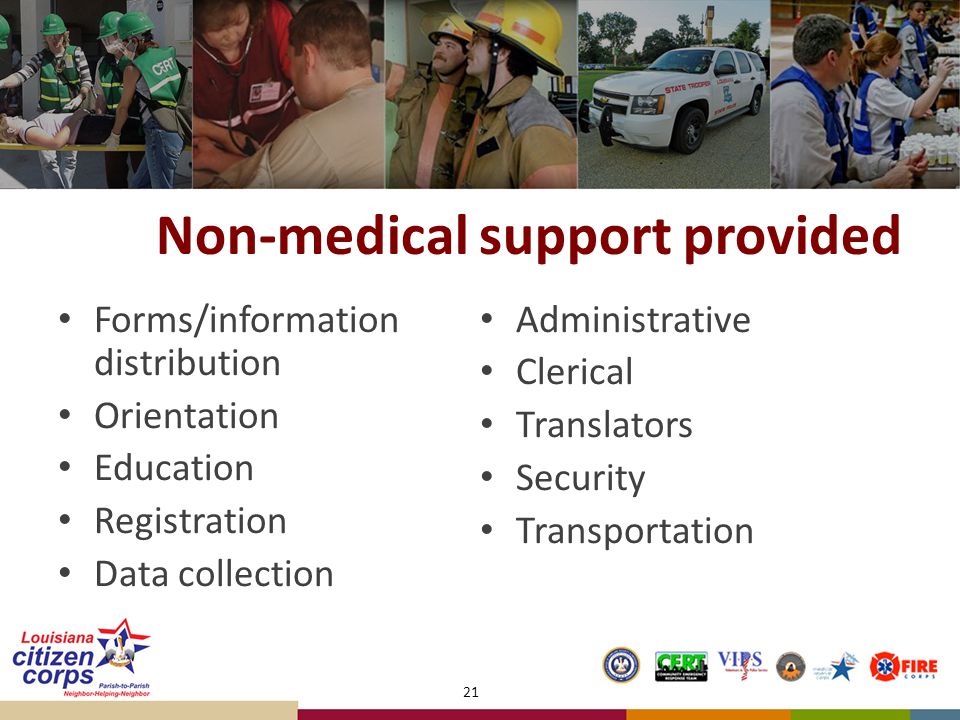 Non-medical support provided Forms/information distribution Orientation Education Registration Data collection Administrative Clerical Translators Security Transportation 21