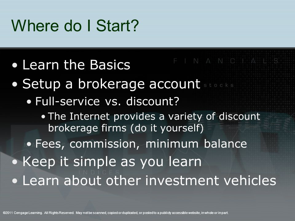 Where do I Start. Learn the Basics Setup a brokerage account Full-service vs.