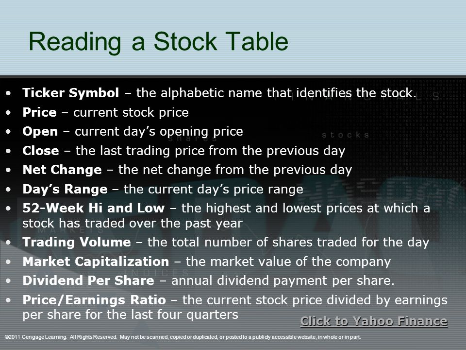 Reading a Stock Table Ticker Symbol – the alphabetic name that identifies the stock.