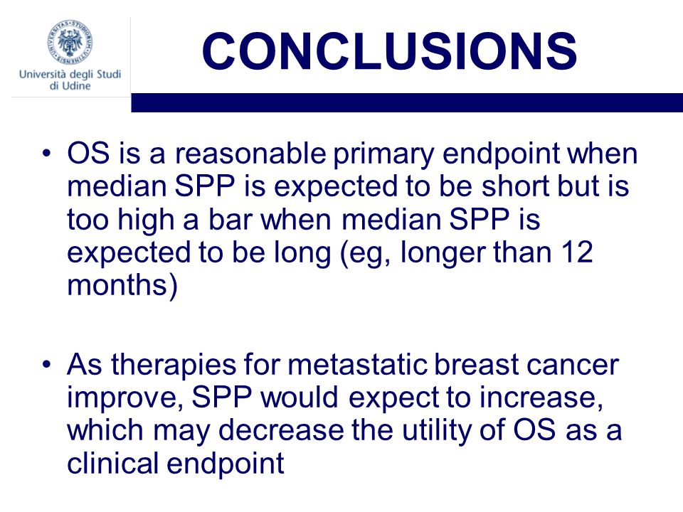 CONCLUSIONS OS is a reasonable primary endpoint when median SPP is expected to be short but is too high a bar when median SPP is expected to be long (eg, longer than 12 months) As therapies for metastatic breast cancer improve, SPP would expect to increase, which may decrease the utility of OS as a clinical endpoint
