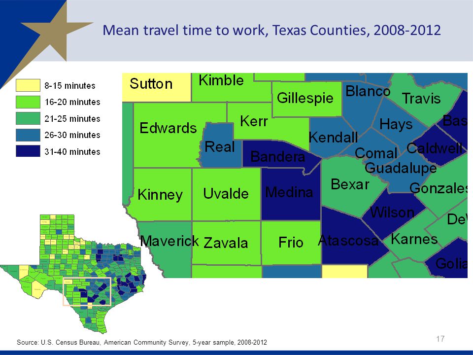 Mean travel time to work, Texas Counties, Source: U.S.