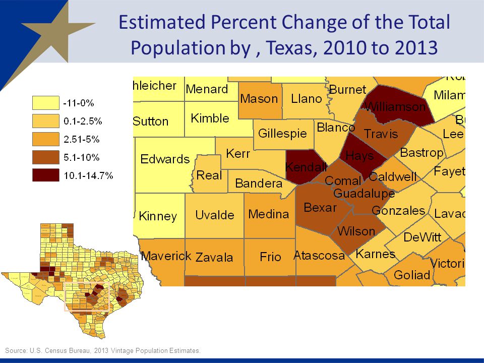 Estimated Percent Change of the Total Population by, Texas, 2010 to 2013 Source: U.S.