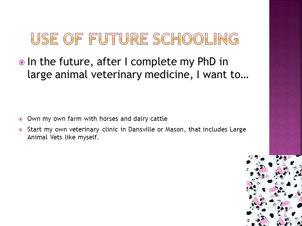  In the future, after I complete my PhD in large animal veterinary medicine, I want to…  Own my own farm with horses and dairy cattle  Start my own veterinary clinic in Dansville or Mason, that includes Large Animal Vets like myself.
