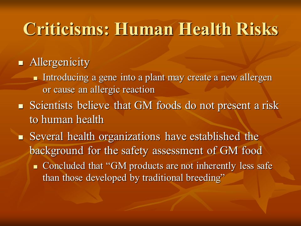 Criticisms: Human Health Risks Allergenicity Allergenicity Introducing a gene into a plant may create a new allergen or cause an allergic reaction Introducing a gene into a plant may create a new allergen or cause an allergic reaction Scientists believe that GM foods do not present a risk to human health Scientists believe that GM foods do not present a risk to human health Several health organizations have established the background for the safety assessment of GM food Several health organizations have established the background for the safety assessment of GM food Concluded that GM products are not inherently less safe than those developed by traditional breeding Concluded that GM products are not inherently less safe than those developed by traditional breeding