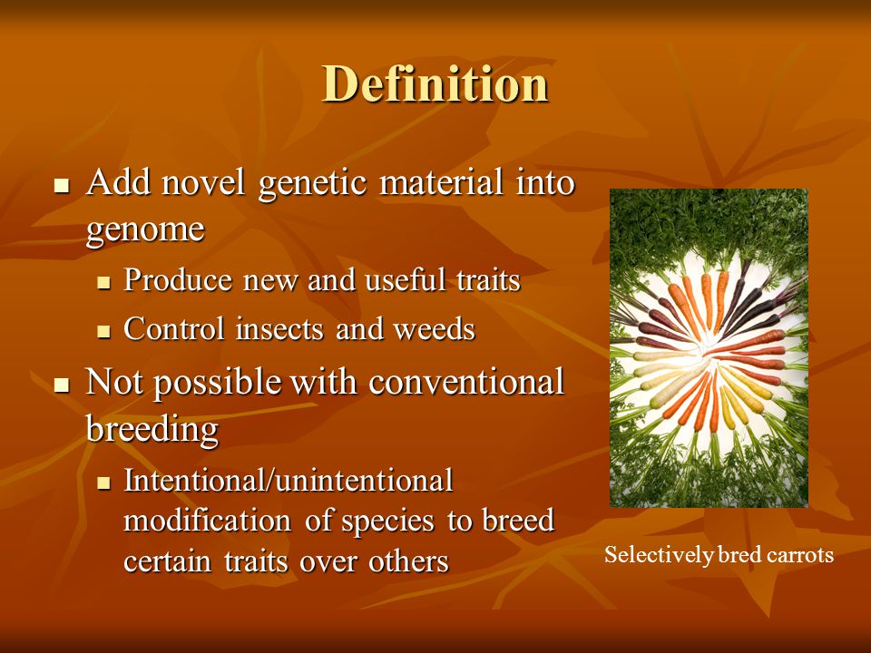 Definition Add novel genetic material into genome Add novel genetic material into genome Produce new and useful traits Produce new and useful traits Control insects and weeds Control insects and weeds Not possible with conventional breeding Not possible with conventional breeding Intentional/unintentional modification of species to breed certain traits over others Intentional/unintentional modification of species to breed certain traits over others Selectively bred carrots