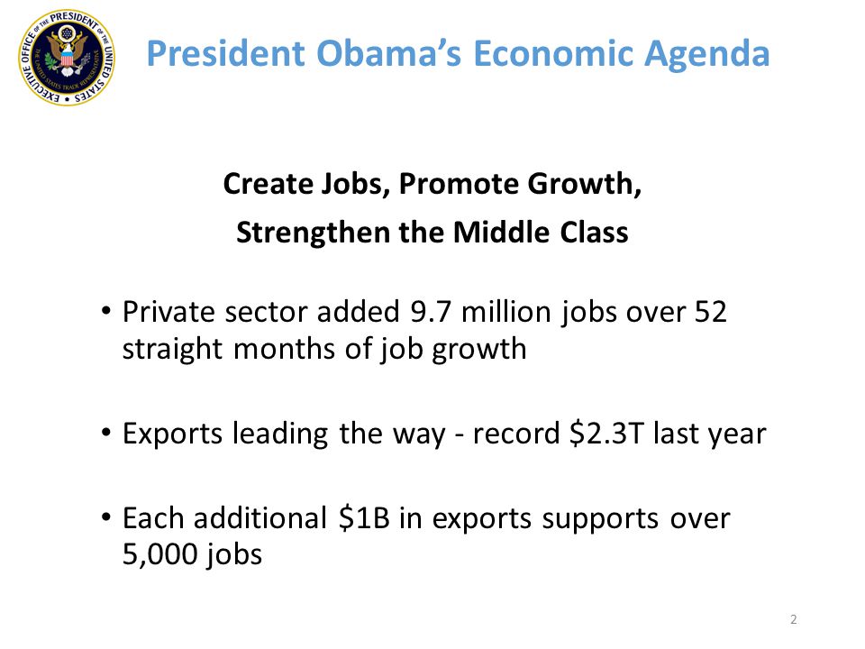 2 President Obama’s Economic Agenda Create Jobs, Promote Growth, Strengthen the Middle Class Private sector added 9.7 million jobs over 52 straight months of job growth Exports leading the way - record $2.3T last year Each additional $1B in exports supports over 5,000 jobs