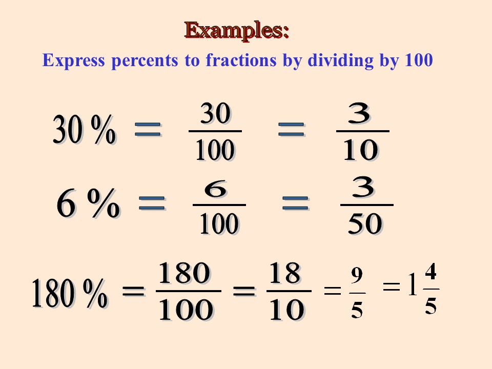 Express percents to fractions by dividing by 100