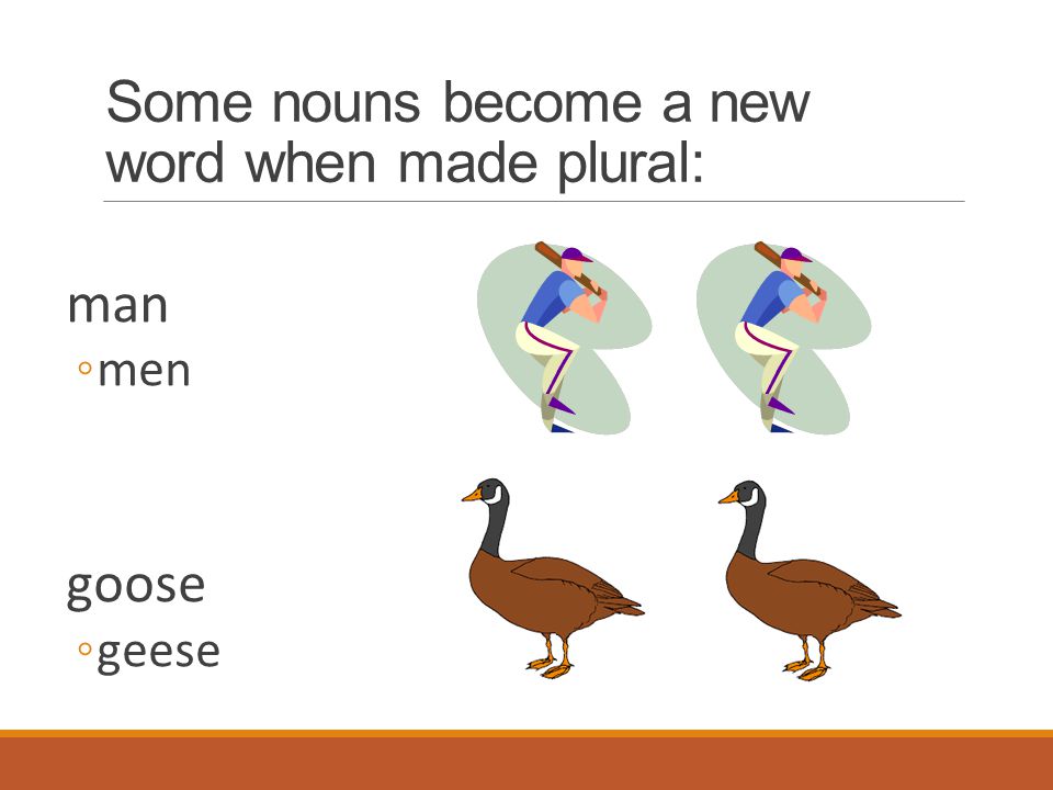 Some nouns become a new word when made plural: man ◦men goose ◦geese