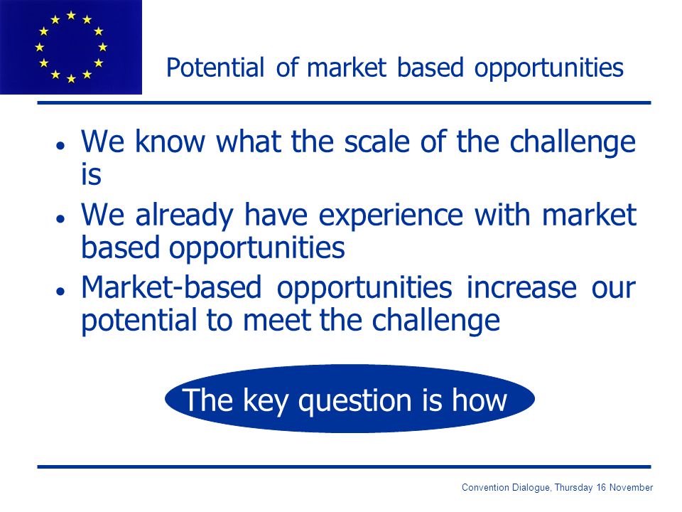 Convention Dialogue, Thursday 16 November Potential of market based opportunities  We know what the scale of the challenge is  We already have experience with market based opportunities  Market-based opportunities increase our potential to meet the challenge The key question is how