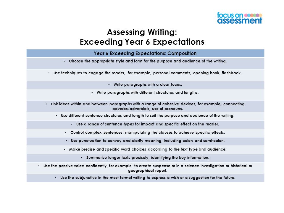 Focus Education Assessing Writing: Exceeding Year 6 Expectations Year 6 Exceeding Expectations: Composition Choose the appropriate style and form for the purpose and audience of the writing.