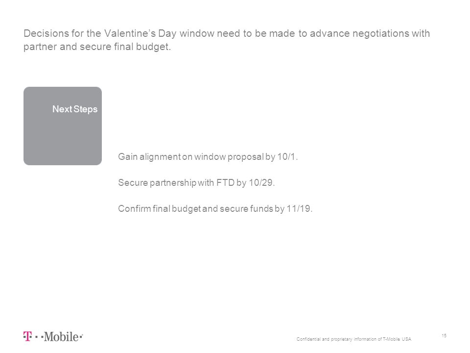 Confidential and proprietary information of T-Mobile USA Decisions for the Valentine’s Day window need to be made to advance negotiations with partner and secure final budget.