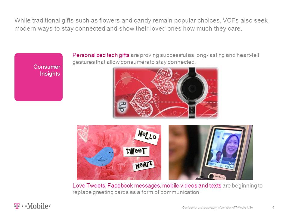 5Confidential and proprietary information of T-Mobile USA While traditional gifts such as flowers and candy remain popular choices, VCFs also seek modern ways to stay connected and show their loved ones how much they care.