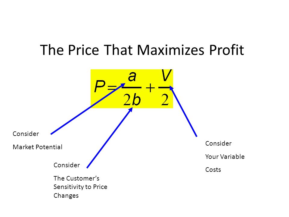 The Price That Maximizes Profit Consider Market Potential Consider The Customer’s Sensitivity to Price Changes Consider Your Variable Costs