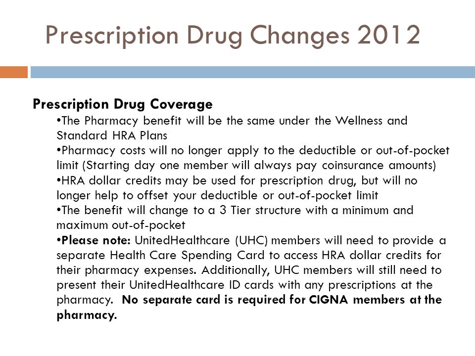 Prescription Drug Changes 2012 Prescription Drug Coverage The Pharmacy benefit will be the same under the Wellness and Standard HRA Plans Pharmacy costs will no longer apply to the deductible or out-of-pocket limit (Starting day one member will always pay coinsurance amounts) HRA dollar credits may be used for prescription drug, but will no longer help to offset your deductible or out-of-pocket limit The benefit will change to a 3 Tier structure with a minimum and maximum out-of-pocket Please note: UnitedHealthcare (UHC) members will need to provide a separate Health Care Spending Card to access HRA dollar credits for their pharmacy expenses.