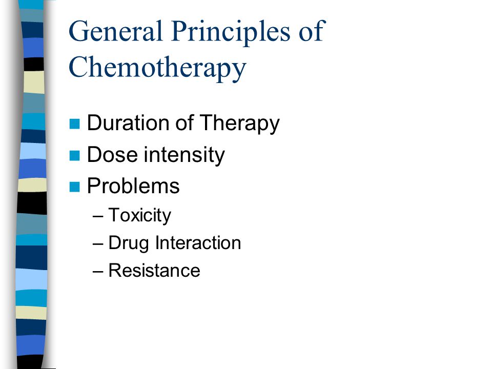 General Principles of Chemotherapy Duration of Therapy Dose intensity Problems –Toxicity –Drug Interaction –Resistance