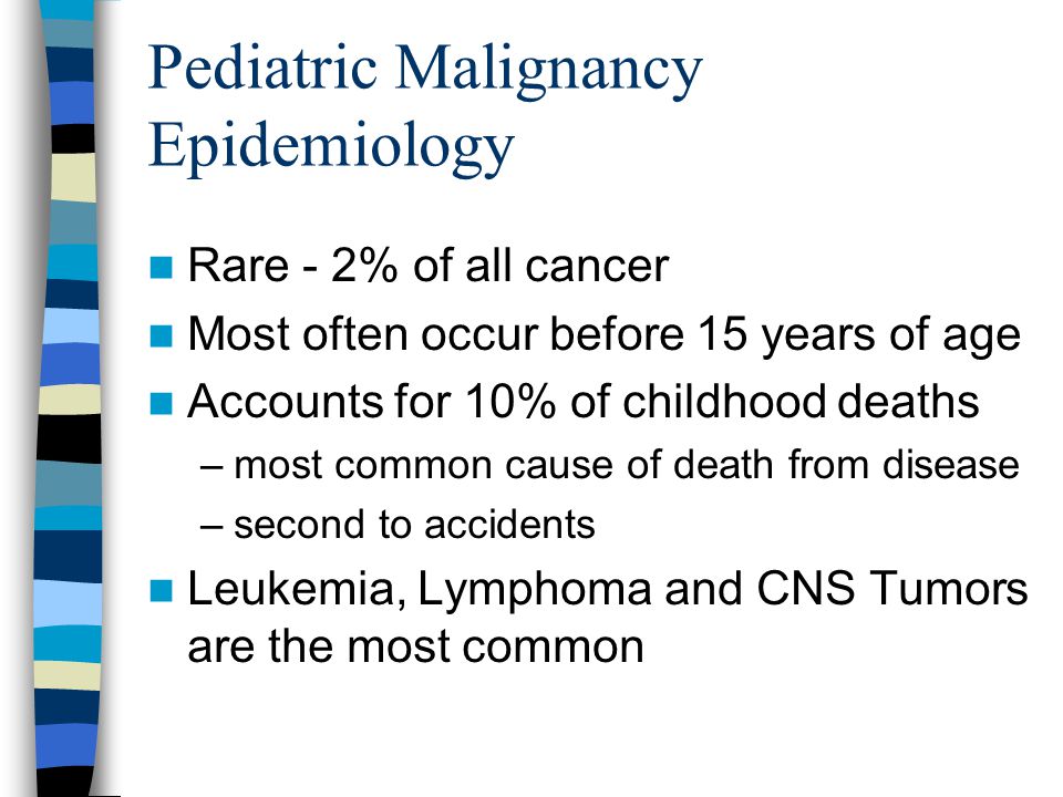 Pediatric Malignancy Epidemiology Rare - 2% of all cancer Most often occur before 15 years of age Accounts for 10% of childhood deaths –most common cause of death from disease –second to accidents Leukemia, Lymphoma and CNS Tumors are the most common