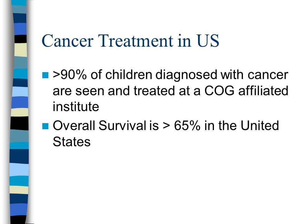 Cancer Treatment in US >90% of children diagnosed with cancer are seen and treated at a COG affiliated institute Overall Survival is > 65% in the United States