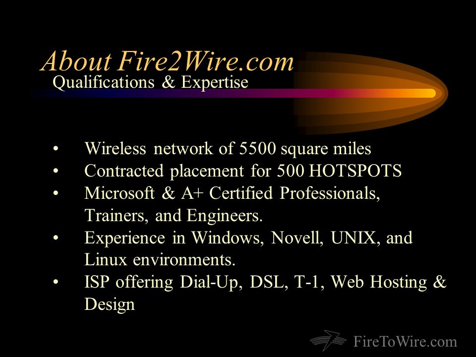 FireToWire.com About Fire2Wire.com Qualifications & Expertise Wireless network of 5500 square miles Contracted placement for 500 HOTSPOTS Microsoft & A+ Certified Professionals, Trainers, and Engineers.