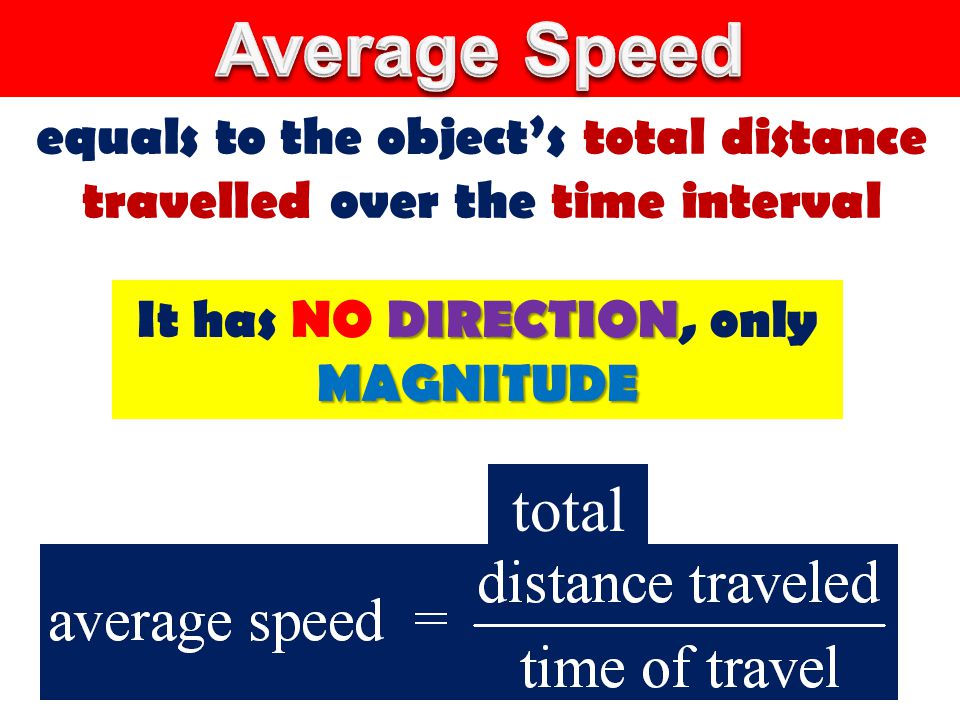 equals to the object’s total distance travelled over the time interval DIRECTION MAGNITUDE It has NO DIRECTION, only MAGNITUDE total