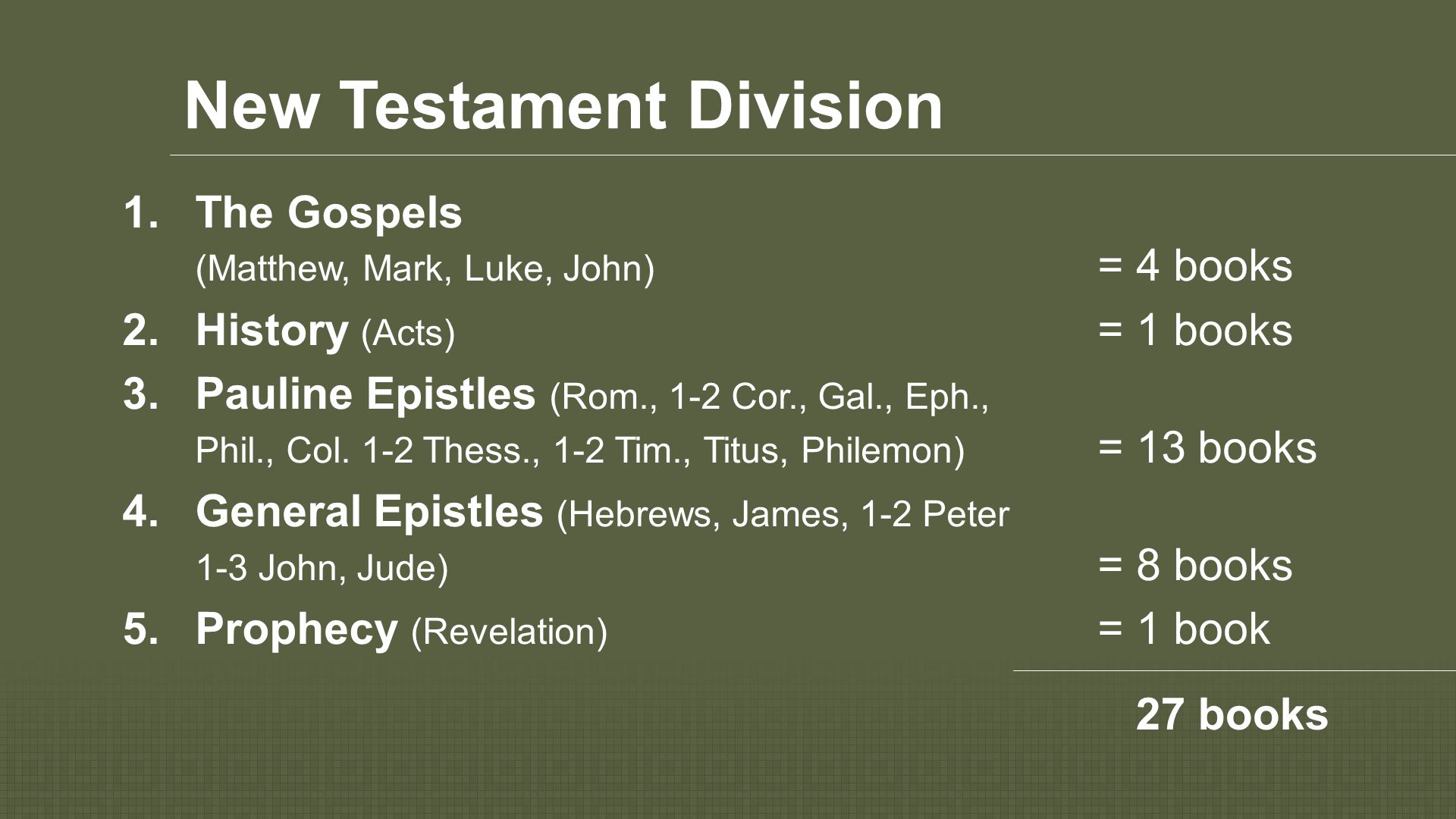 New Testament Division 1.The Gospels (Matthew, Mark, Luke, John) = 4 books  History (Acts) = 1 books 3.Pauline Epistles (Rom., 1-2 Cor., Gal., Eph., Phil., Col.
