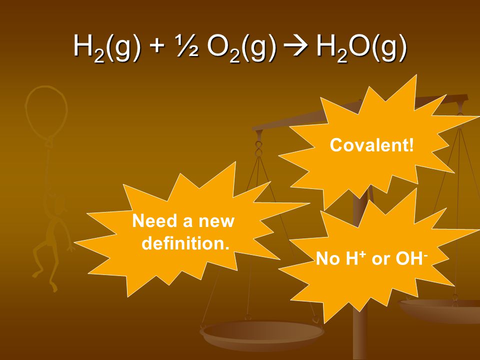 H 2 (g) + ½ O 2 (g)  H 2 O(g) Covalent! No H + or OH - Need a new definition.
