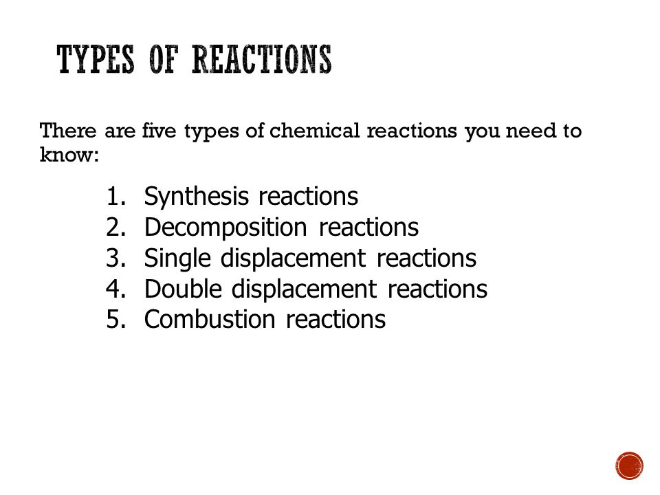 There are five types of chemical reactions you need to know: 1.Synthesis reactions 2.Decomposition reactions 3.Single displacement reactions 4.Double displacement reactions 5.Combustion reactions